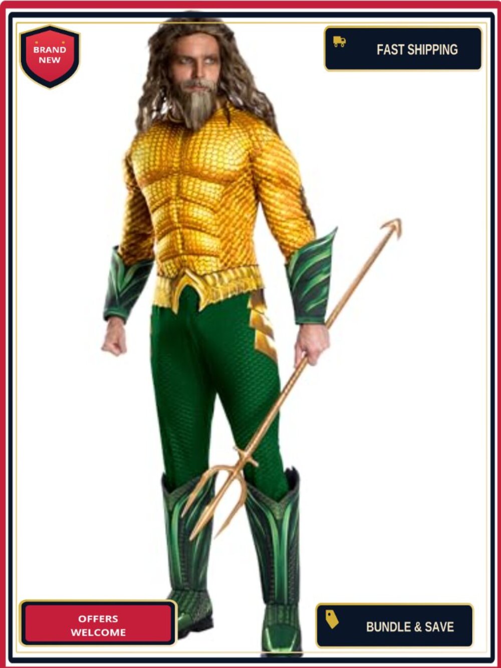 Adult Aquaman Deluxe Costume Padded Jumpsuit Gauntlets Belt Cosplay